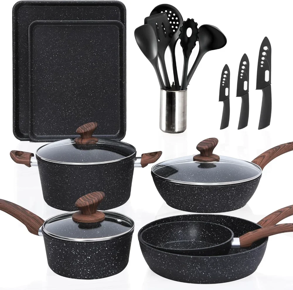 Kitchen Academy Induction Cookware Sets - 12 Piece Cooking Pan Set, Granite Black Nonstick Pots and Pans Set