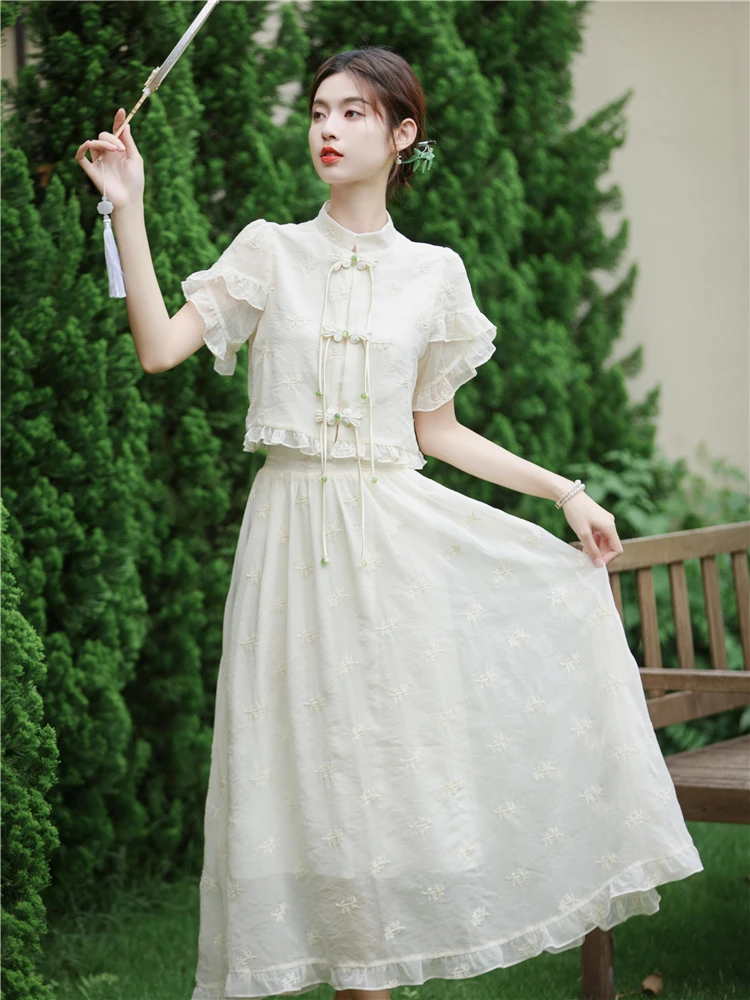 

Новый модный комплект в китайском стиле для раннего лета: красивый дизайн, топ и юбка-миди, комплект из двух предметов, женская одежда