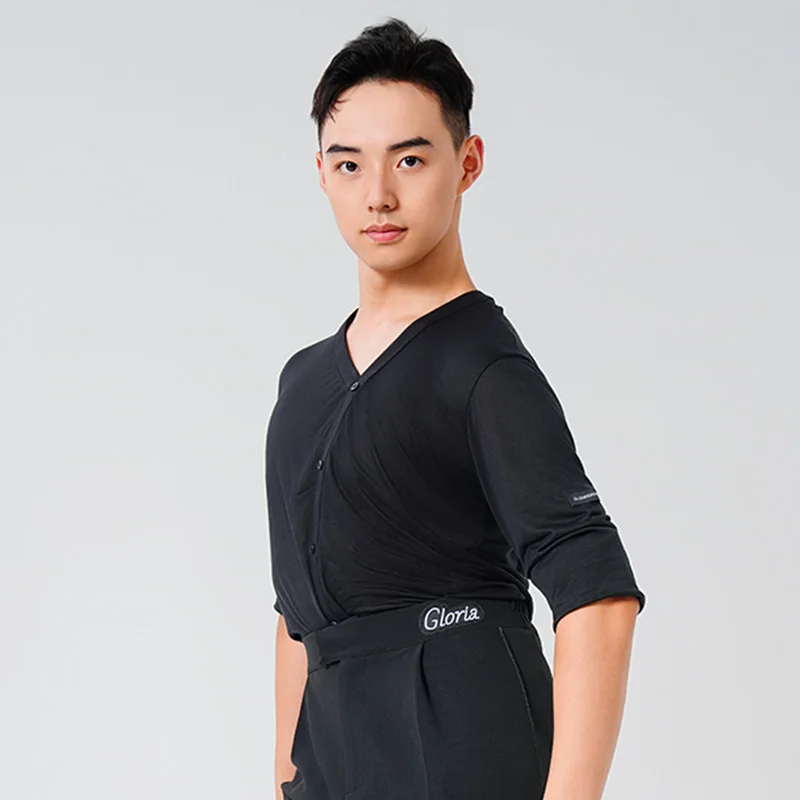 

Latin Clothes For Men Black Dance Top Long Sleeve Dance Shirt V-Neck Practice Tops Male Latin Cha Cha Rumba Training Wear 2968