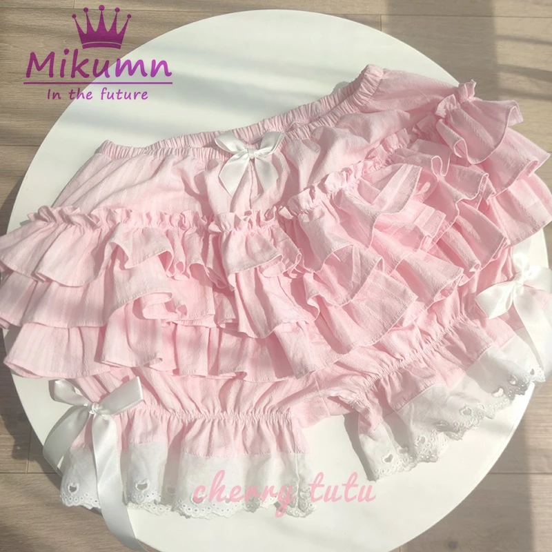 Mikumn Harajuku Sweet Pink Women Lace Ruffles Bloomers Shorts Victorian Pumpkin Pants Lolita Kawaii Bow JK Dress Safety Shorts