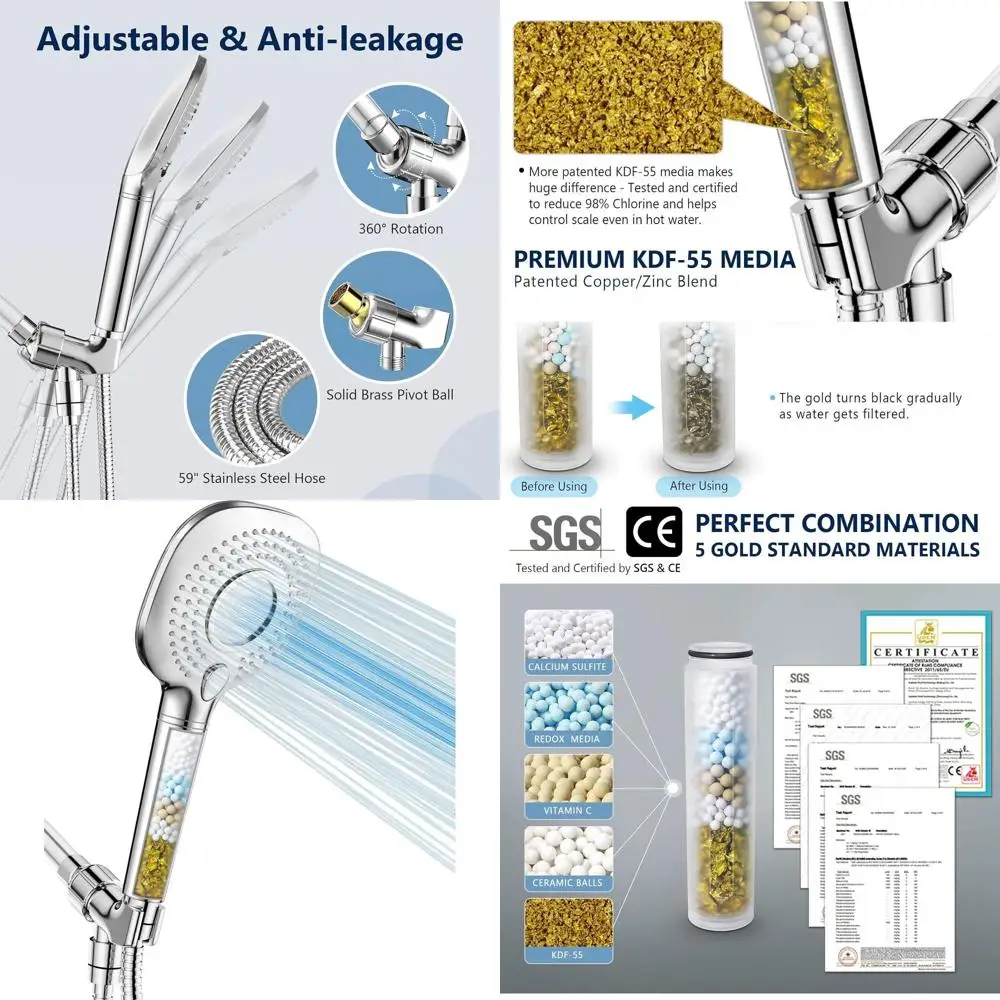 Filtrująca głowica prysznicowa z ręcznym uchwytem, wysokiej jakości filtr do czystej wody, ulepszony system prysznicowy z filtrem KD, wężem i regulacją