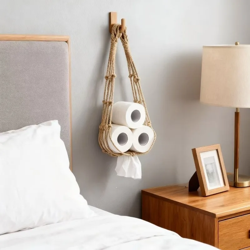 Handwoven Cotton Rope Toilet Paper Holder - Hanging Roll Paper Storage Pocket for Bathroom, Rustic Wall Mount Tissue Organizer - view 2