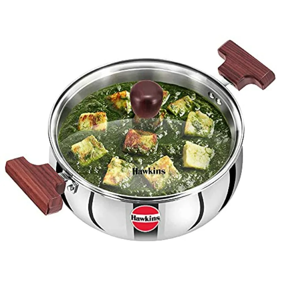 

2-литровая кастрюля Cook n Serve Handi, Triply из нержавеющей стали со стеклянной крышкой, индукционная кастрюля для соуса, Biryani Handi, кастрюля, серебро (S