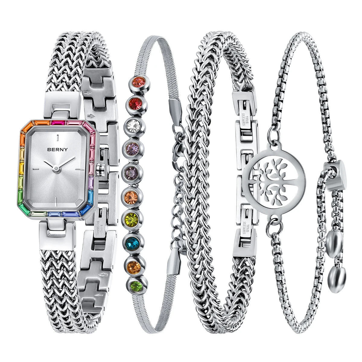 Reloj de pulsera BERNY rectangular para mujer, conjunto de pulsera de joyería de piedra de Color, reloj minimalista de cuarzo para mujer, relojes