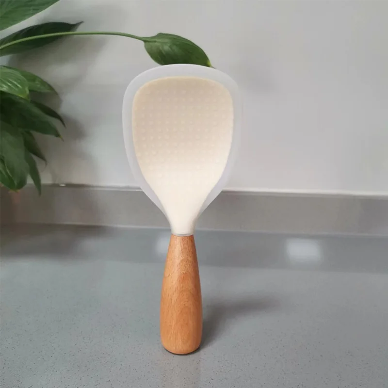 Cuchara para arroz de silicona sin BPA de calidad alimentaria con mango de madera de haya natural, cuchara para arroz antiadherente resistente al calor con puntos antideslizantes, resistente a los arañazos para olla arrocera, sushi, puré de patatas, cocina casera, restaurante y uso en pícnic al aire libre