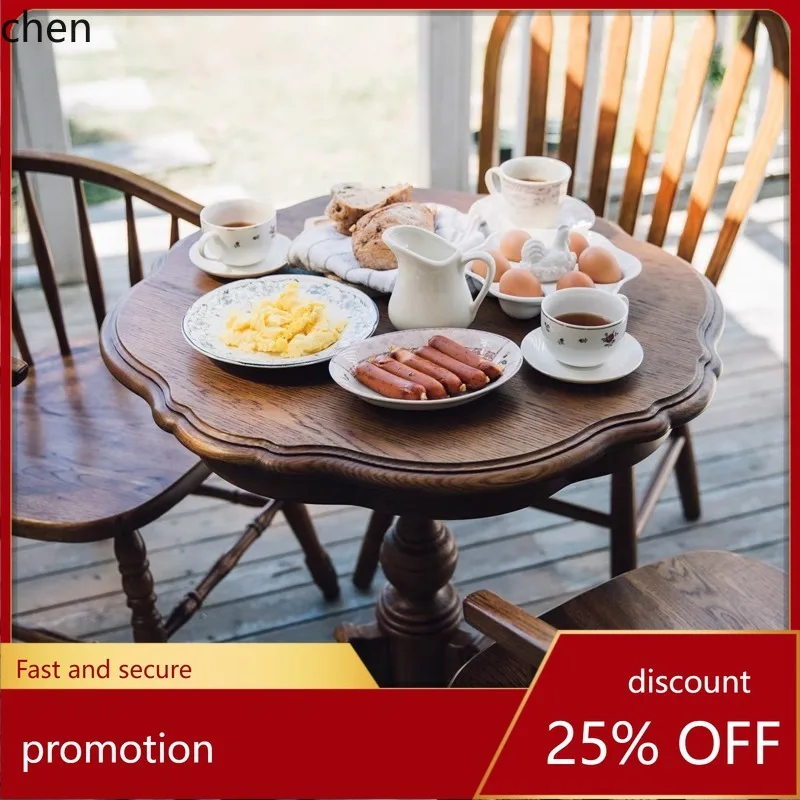 

HT Lace Round Table Vintage Sofa Side Living Room Balcony Coffee Table Small Round Table Wooden Antique