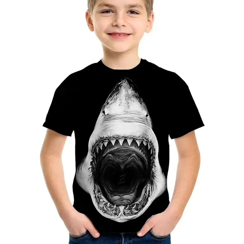 Jungen T-Shirt Kinder Sommer Mode Lässiges 3D-Grafik-Print T-Shirt Jungen Tier Hai Buntes Muster Sportbekleidung T-Shirt