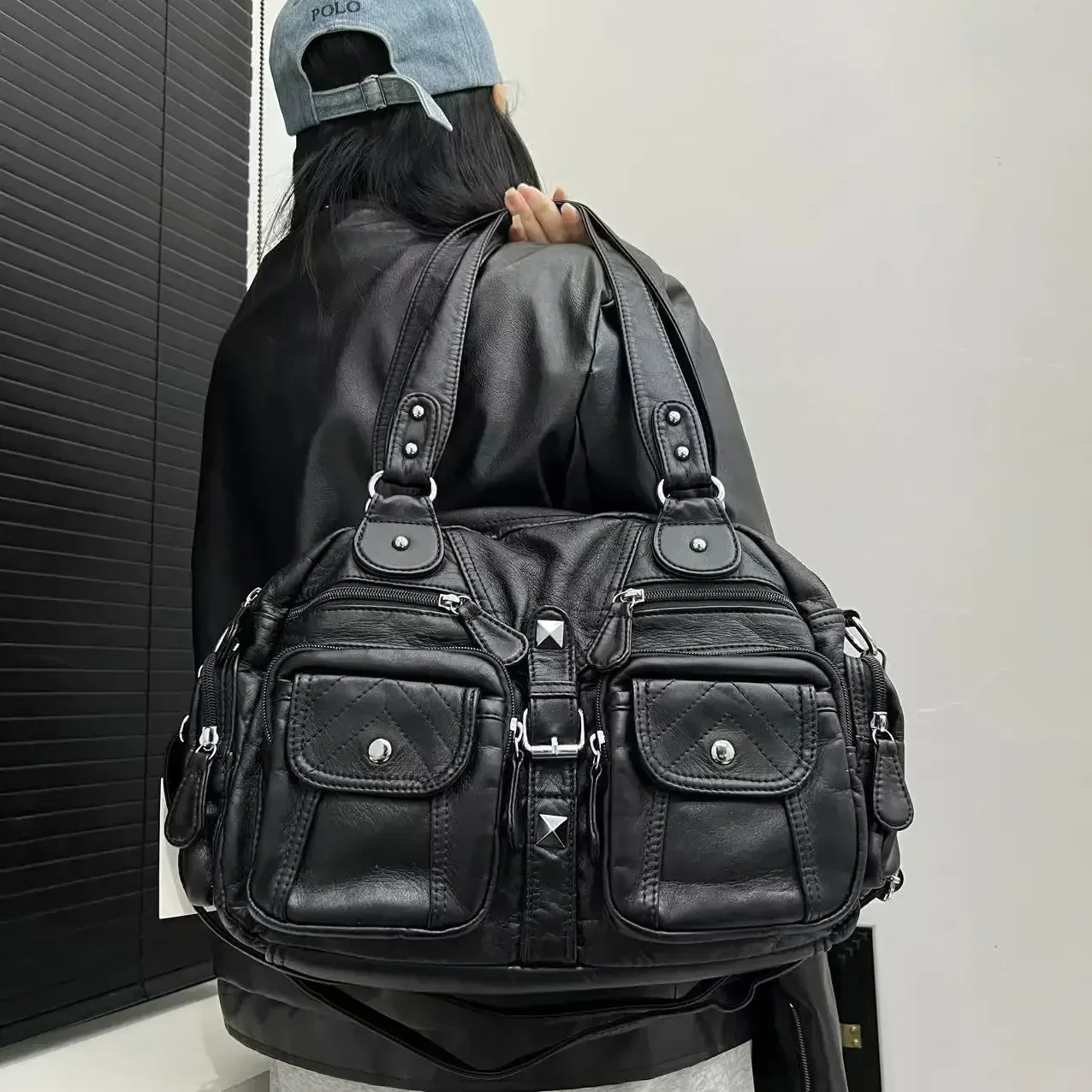 Moda feminina retro vintage quente menina motocicleta sacola com grande capacidade y2k lavado bolsa de ombro de couro vegano