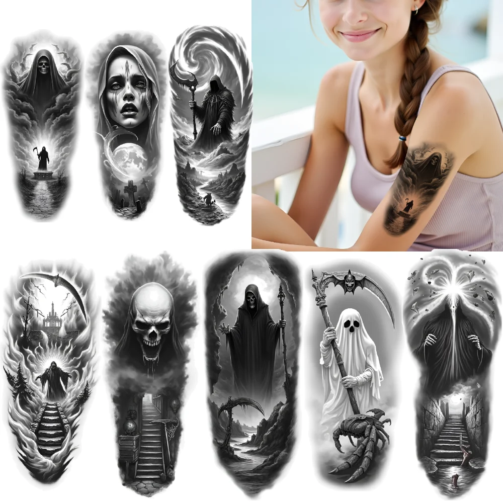 

3pcs Temporary Tattoo Gothic Church Realistic Temporary Tattoos Scythe Grim Reaper Black And Grey Realism Cloaked Figure For