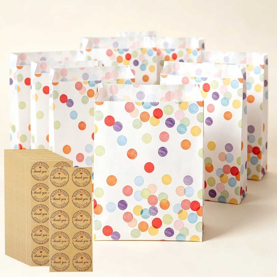 11/22pcs Paper Gift Bags & Round Sealing Sticker Set, Treat Goodie Paper Pouches for Candy, Snacks and Small Favors, Party XJM