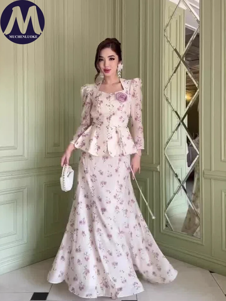 

Женский комплект из двух предметов, весенне-осенний элегантный цветочный узор, топы с длинными рукавами и квадратным вырезом, модные облегающие комплекты платьев