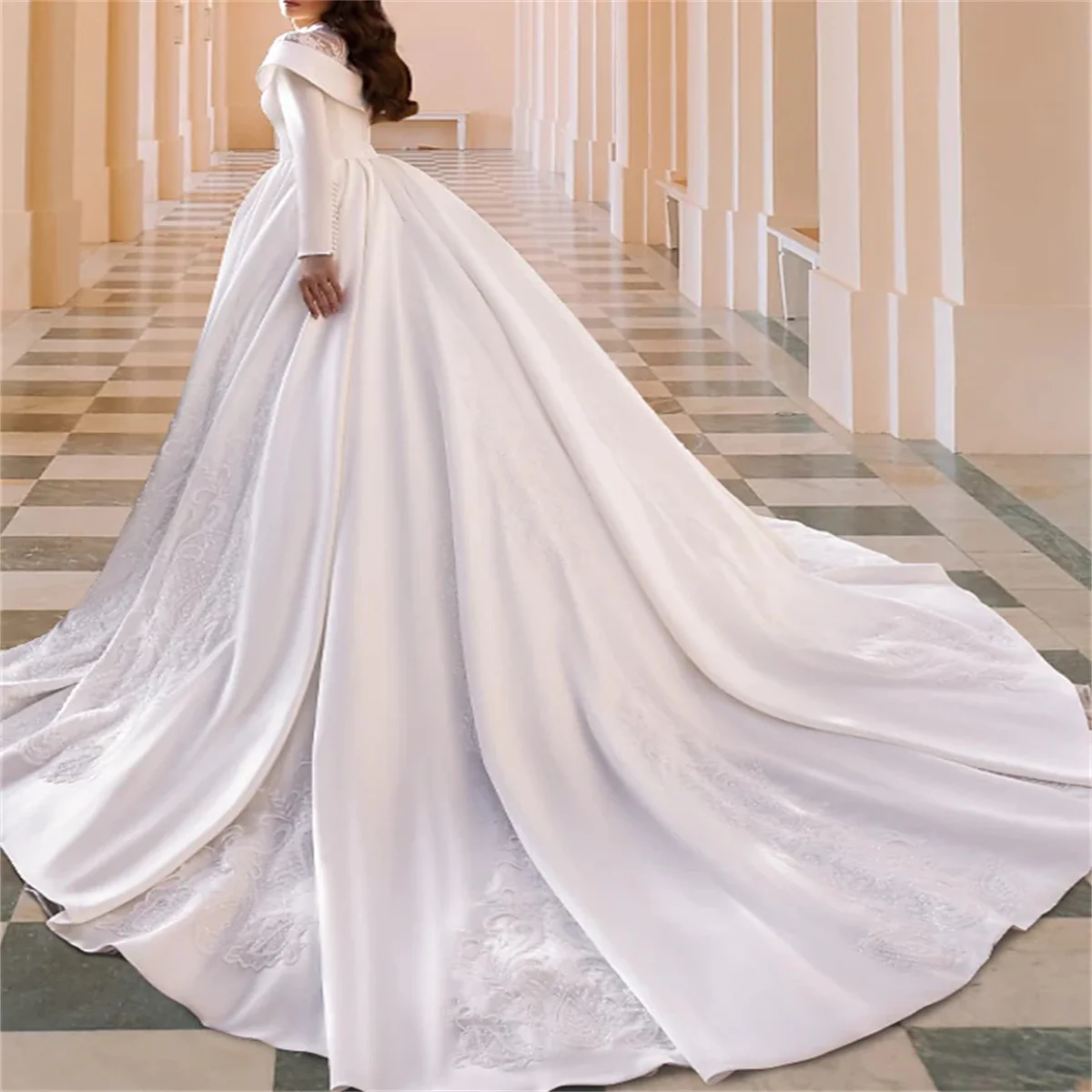 A-Line Wedding Dresses Formal Long Sleeve Jewel Neck Satin With Lace Pleats Extravagance Bridal Gowns Engagement 2024 Court New