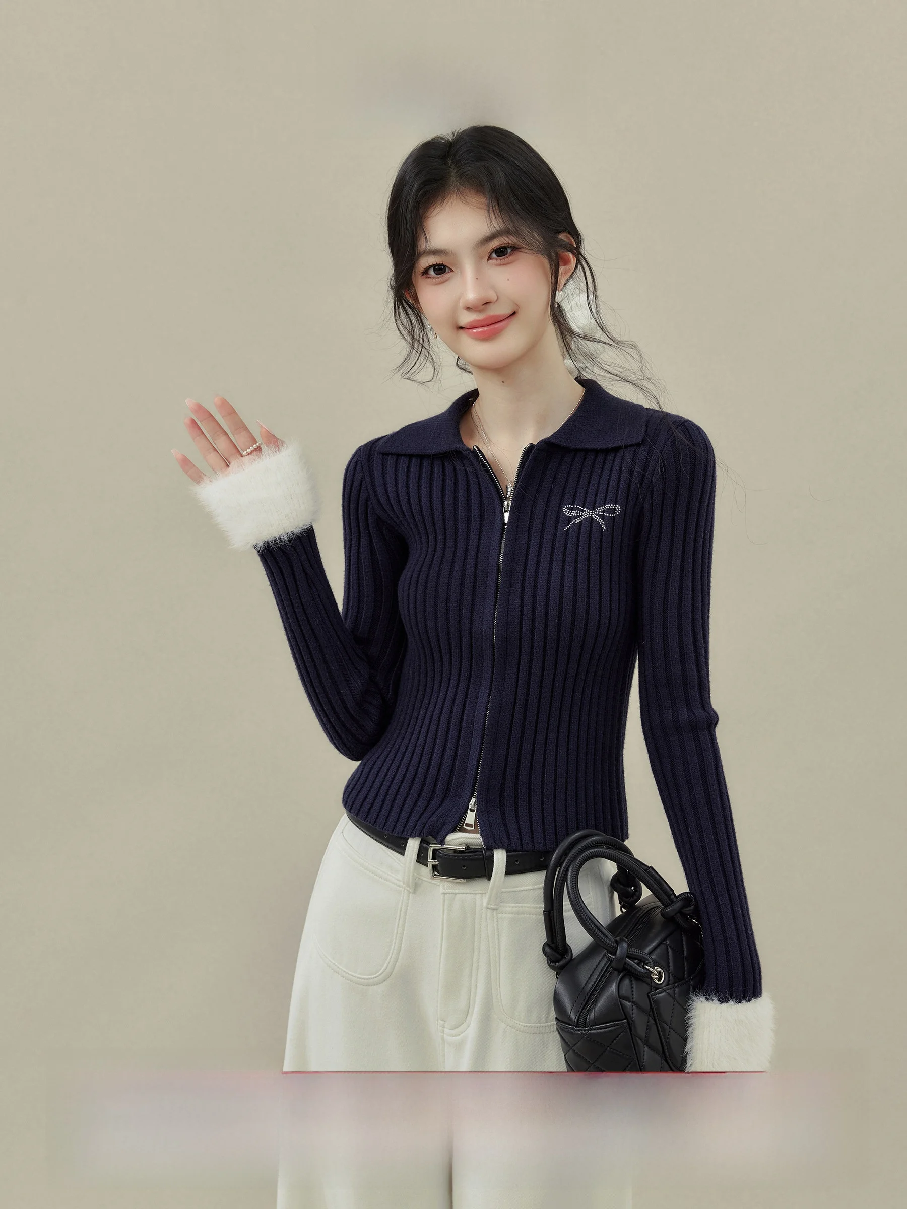 

Вязаный свитер Ouyang Xi Colion Fun k Blue для женщин, облегающий, осенне-зимний, для ношения под одеждой, укороченный топ для девушек