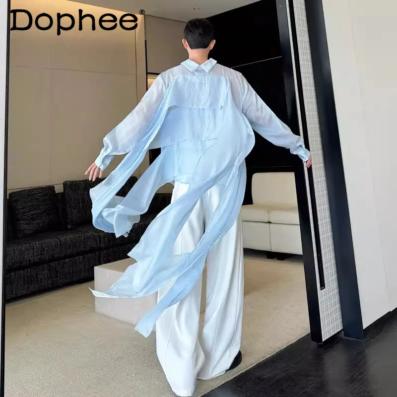 

Men's 2026 Spring New Fashion Ribbon Long-sleeve Shirts Men's Women's Micro-transparent Thin Shirts Elegant Simple Stylish Tops