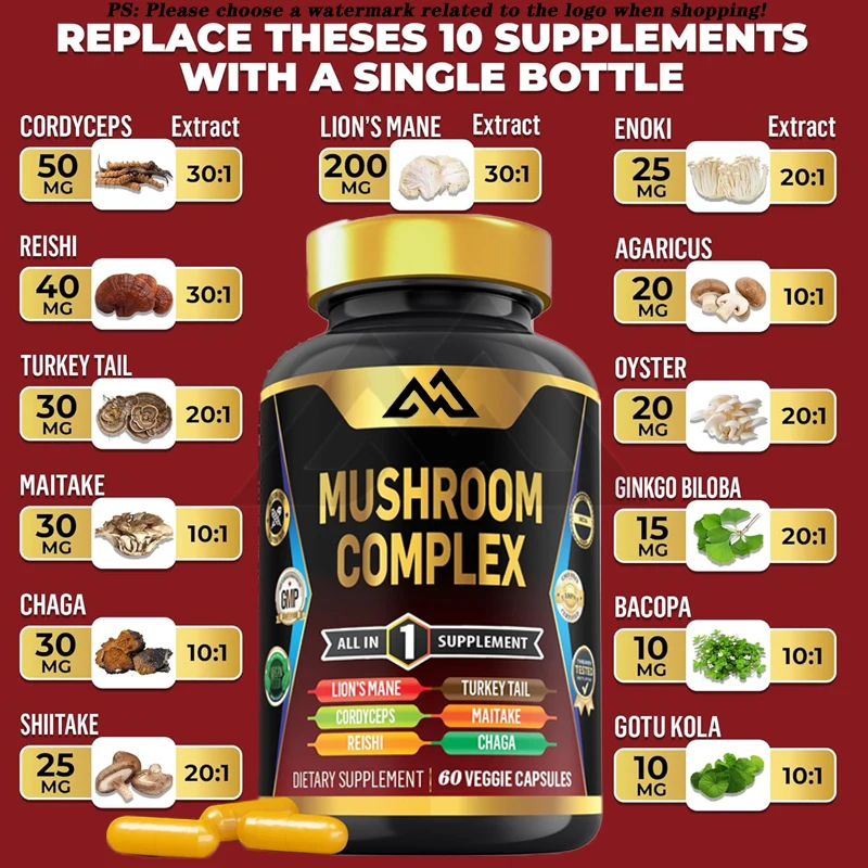 Mushroom Supplement -13 in 1- Contains Cordyceps sinensis, Ganoderma lucidum, fire tail, shiitake mushrooms, mushrooms, etc