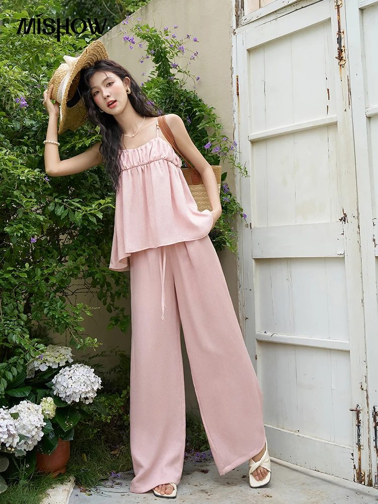 MISHOW Suspended Sleeveless Top Elastic Waist Pants Separately 2024 Summer Solid Blouses High Waist Wide Leg Pants MXD25X1553