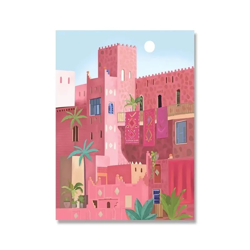 Marokko Reiseplakat Schwimmbad Kunstdruck Nordisches Marrakesch Leinwandgemälde Modernes Sommer-Wandbild für Wohnzimmer Heim-Dekoration