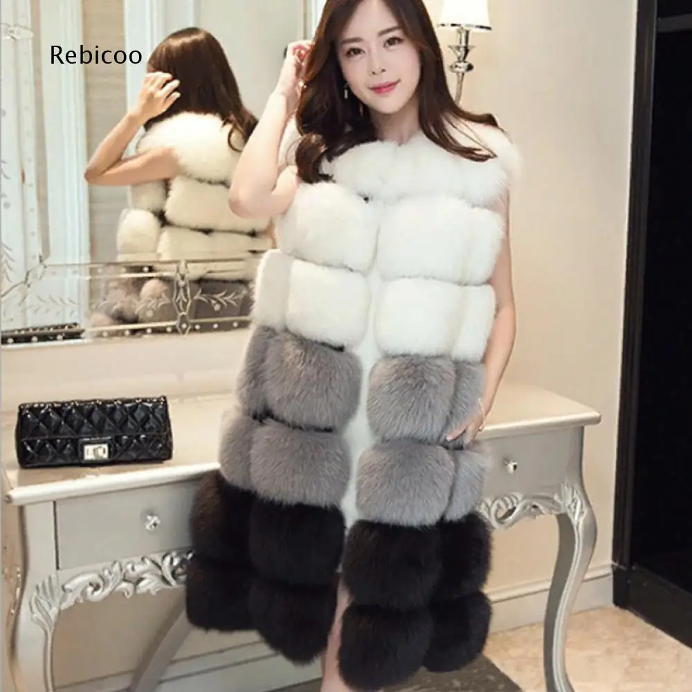 Women Sleeveless Faux Fur Long Vest Color Block Gradient Plush Fluffy Loose Fit Winter Warm Daily Party Casual Outer Waistcoat