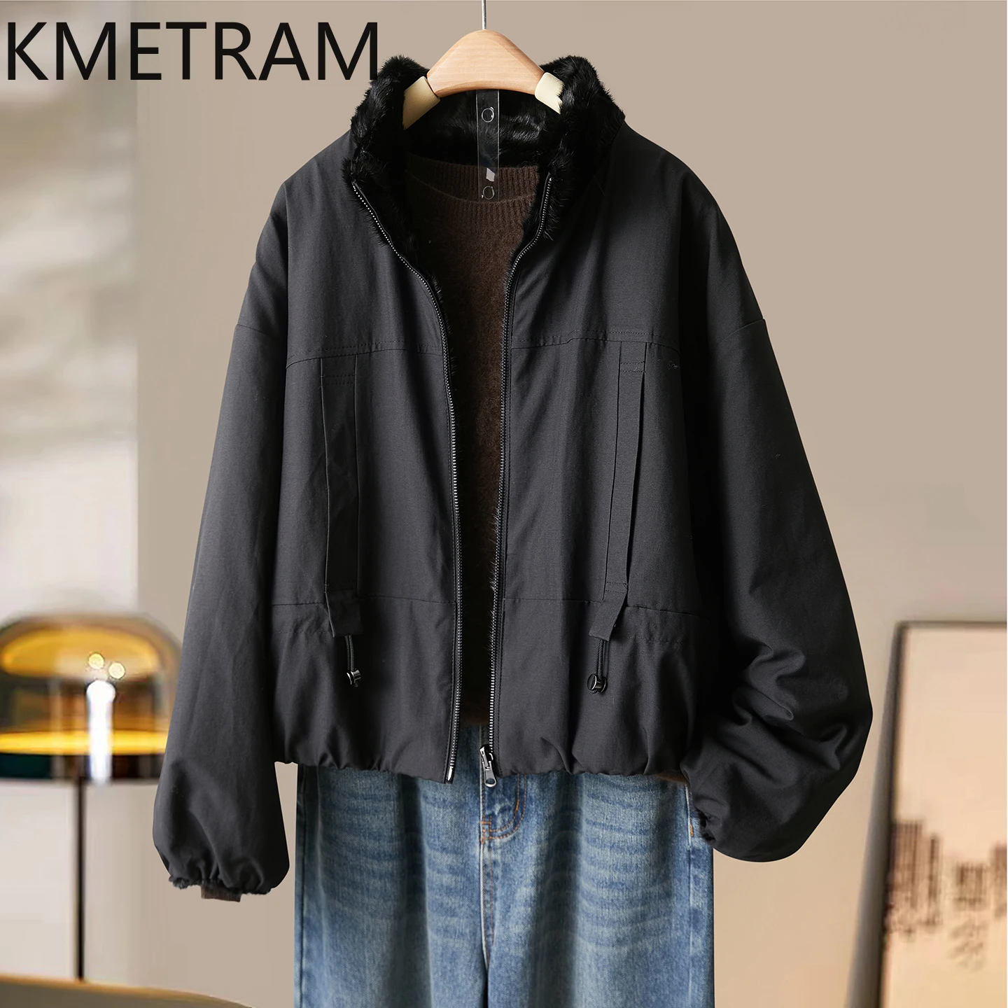 سترة KMETRAM من فرو المنك الطبيعي معطف فرو أسود على الوجهين معاطف وسترات شتوية قصيرة للسيدات 2025 ملابس نسائية ropa mujer