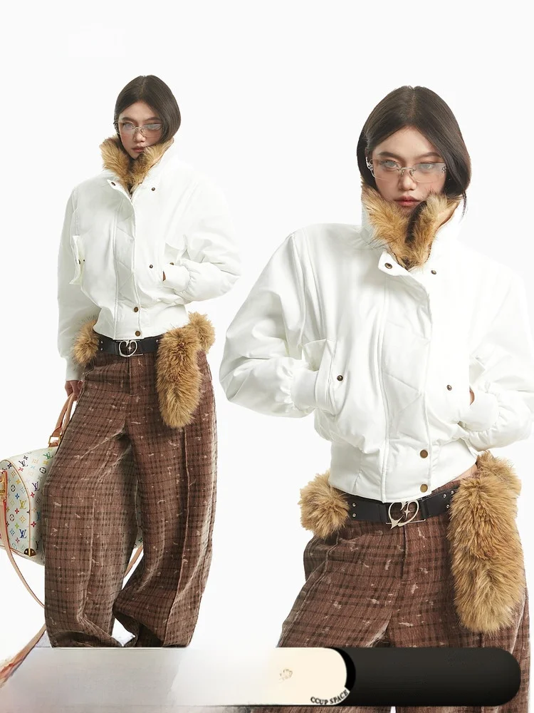 

Белая утепленная хлопковая куртка с воротником-стойкой и флисовой подкладкой, женская осенне-зимняя приталенная теплая верхняя одежда CCUP SPACE