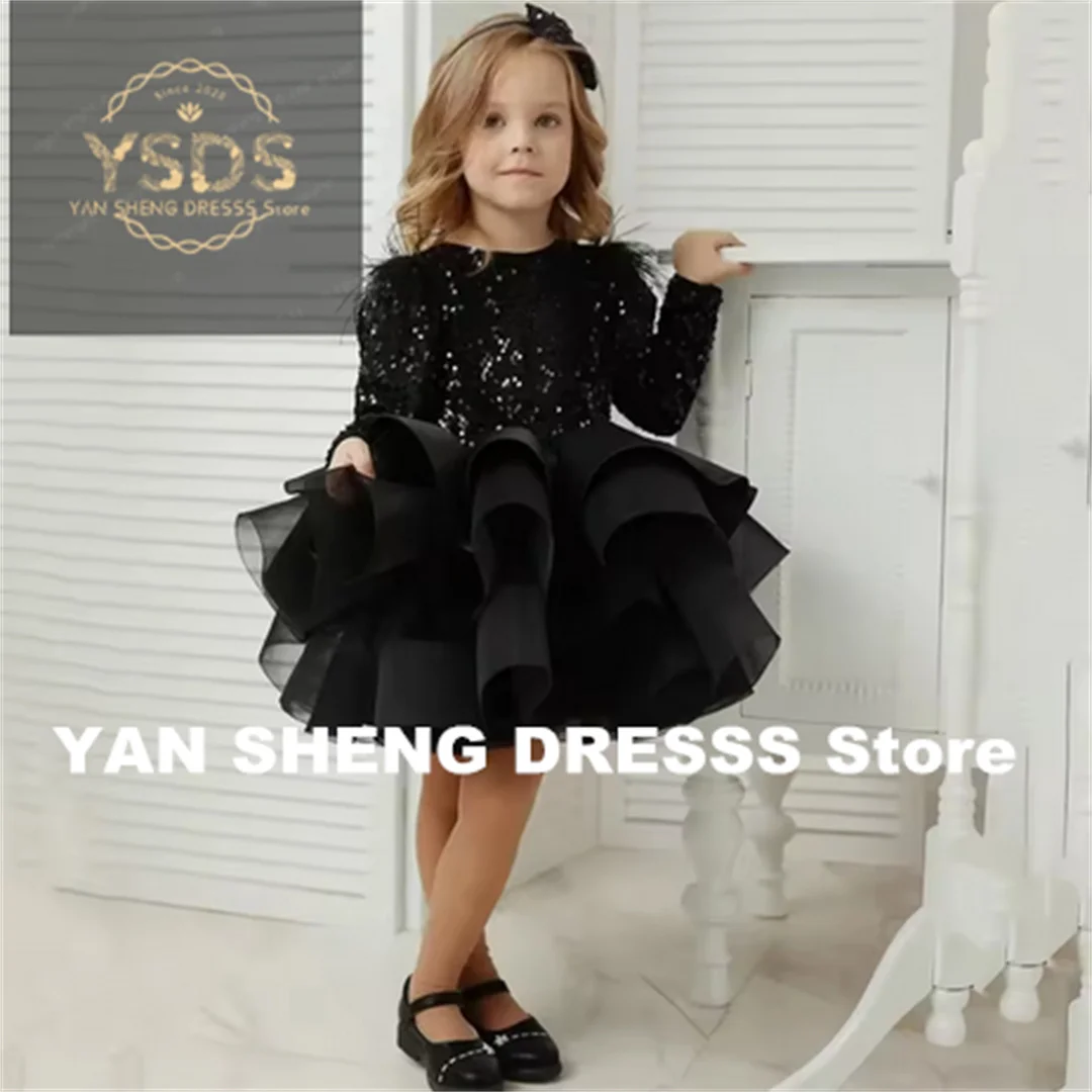 Princess dress Feather Sequins Knee Length Girl Kids Birthday Party Lovely First Communion Gowns Black Flowers for Wedding
