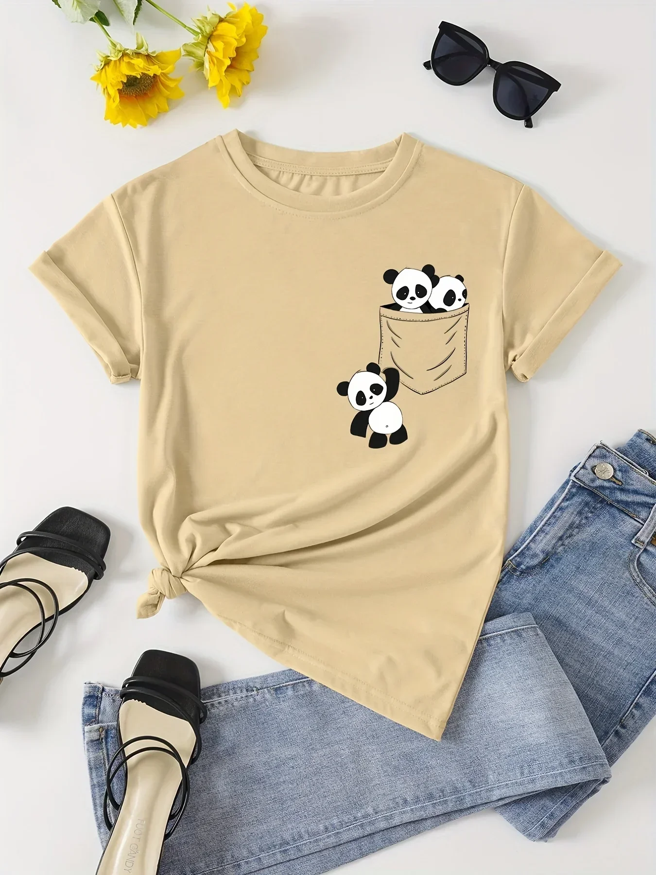 

Panda Print Crew Neck T-Shirt Casl Short Sve T-Shirt for Spring & Summer Women's Clothing