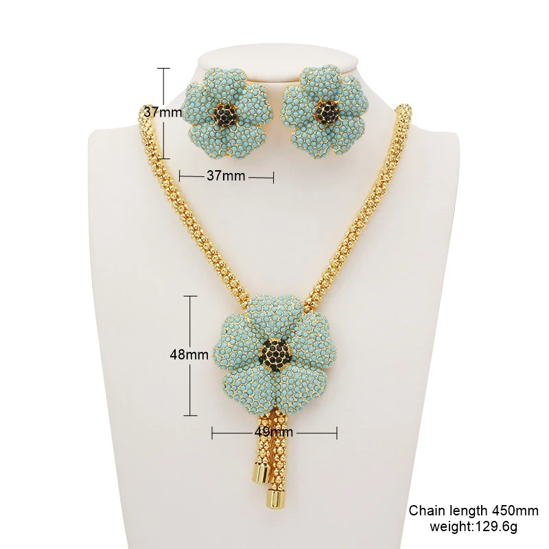 SUNNESA Luxury Rhinestone Dubai Jewelry Set for Women Green Flower Pendant Necklace African Clip Earrings Bracelet Rings Sets