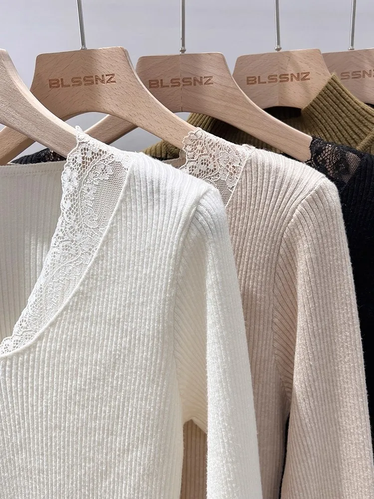 Maglione da donna autunno inverno pullover a maniche lunghe in pizzo con scollo a V maglione lavorato a maglia sottile Nozioni di base della moda coreana Slim Retro Pull Femme