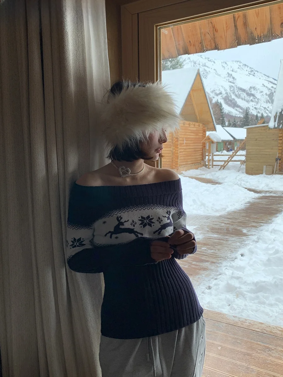 

Notjusthim Deer Hand Lettering Knitted Sweater oulder Bared Base Layer in Royal Blue Casual Winter Wear for Women