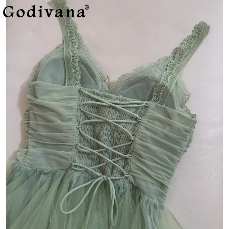 French Style Luxury Birthday Mini Dress Women Princess Green Mesh Strap Dress Female Vacation Forest Style Long Dress