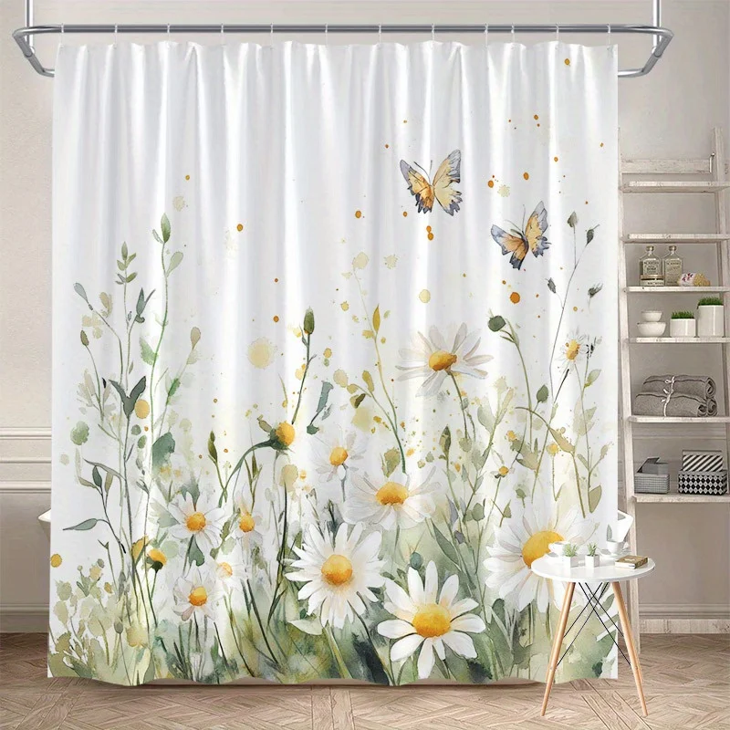 

1pc Whimsical Daisy & Butterfly Shower Curtain - Watercolor Floral Design with Dreamy Yellow Gradient, Lightweight Polyester Fab