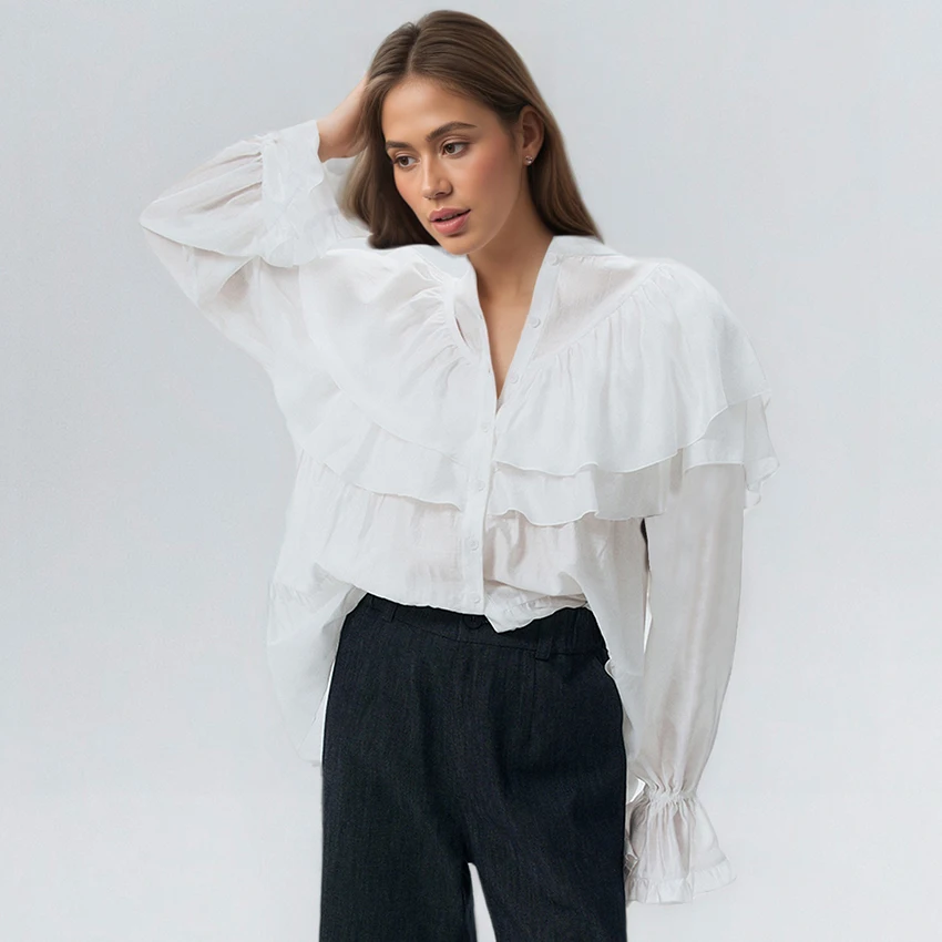 Linad Jesienna Vintage Bluzka z Falbankami Biała Koszula Street Chic Rozkloszowane Rękawy Zapinana na Guziki Elegancka Bluzka Damska z Stójką 2025
