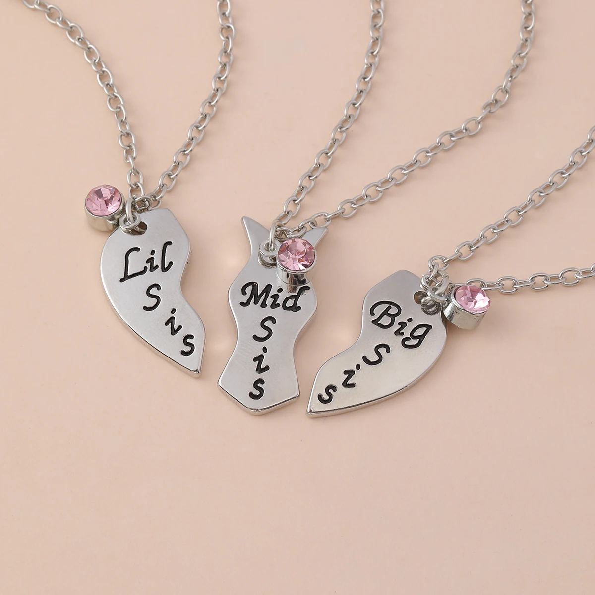 Cute Broken Heart Puzzle Big Mid Little Sis Pink Crystal Charm Pendant Necklace Set For 3 Best Sister Friends Gift