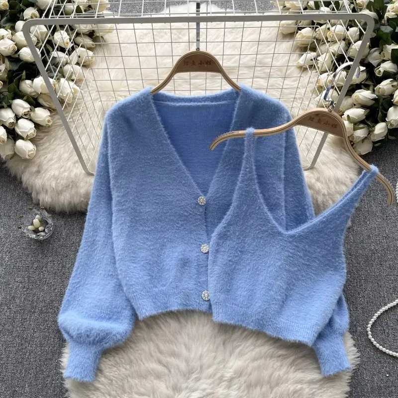 Sexy Chic Two Pieces Sets Off Shoulder Straps Short Camis Vest with  High Street Button Plush Coat Autumn Winter Women Clothing