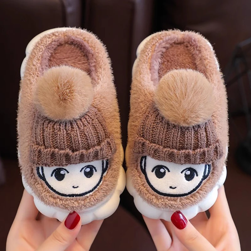 Children\'s cotton shoes in winter with plush indoor anti slip and furry warm home shoes cartoon cotton shoes for boys and girls