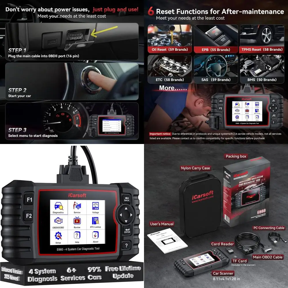 

E660 Версия 2025: 4-системный сканер OBD2, считыватель автомобильных кодов ABS SRS с трансмиссией двигателя с 6 сбросами, четкие коды неисправностей, летучая мышь