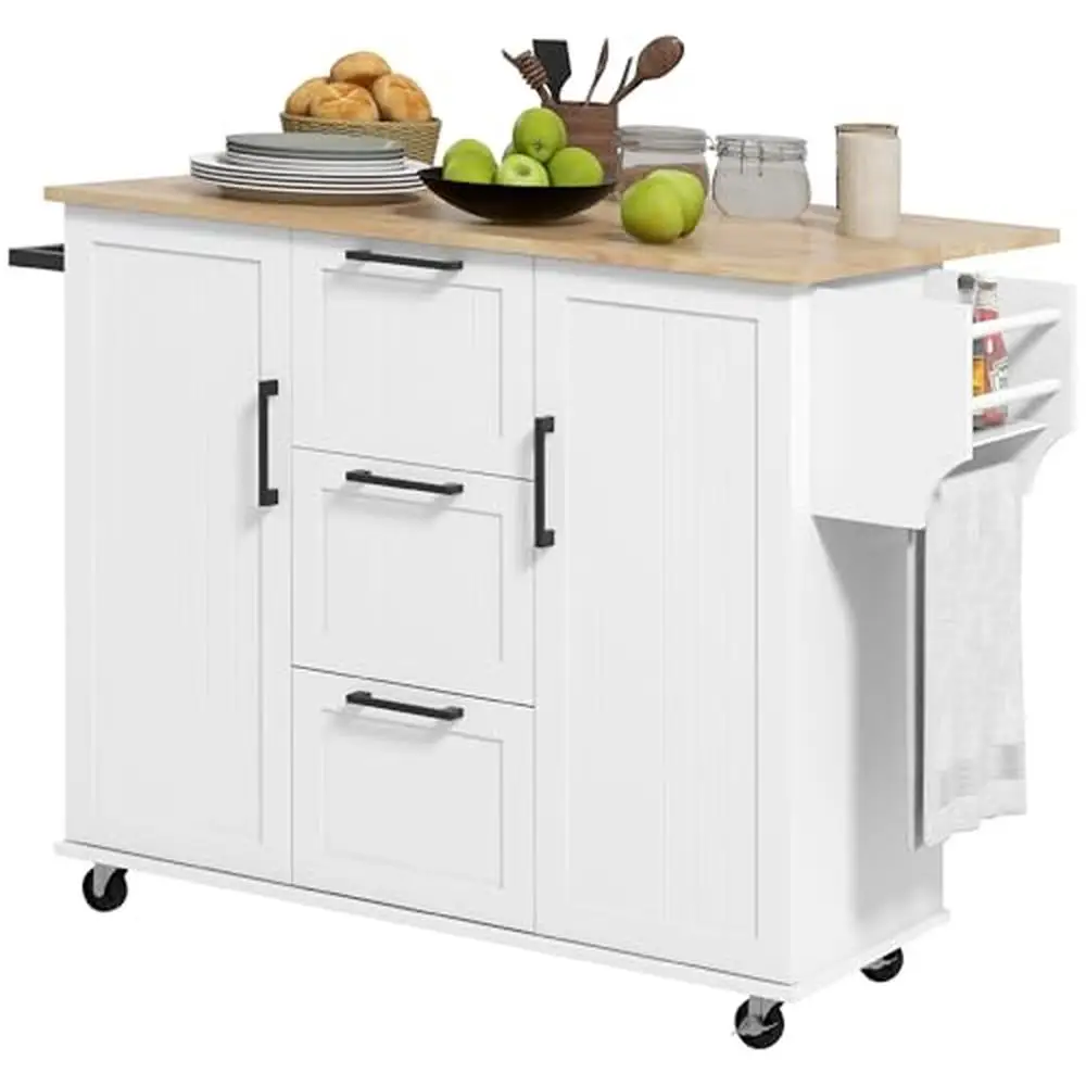 Rolling Kitchen Cart Island with 3 Drawers 2 Cabinets 2 Adjustable Shelves Spice Rack Towel Holder Expandable Countertop Mobile