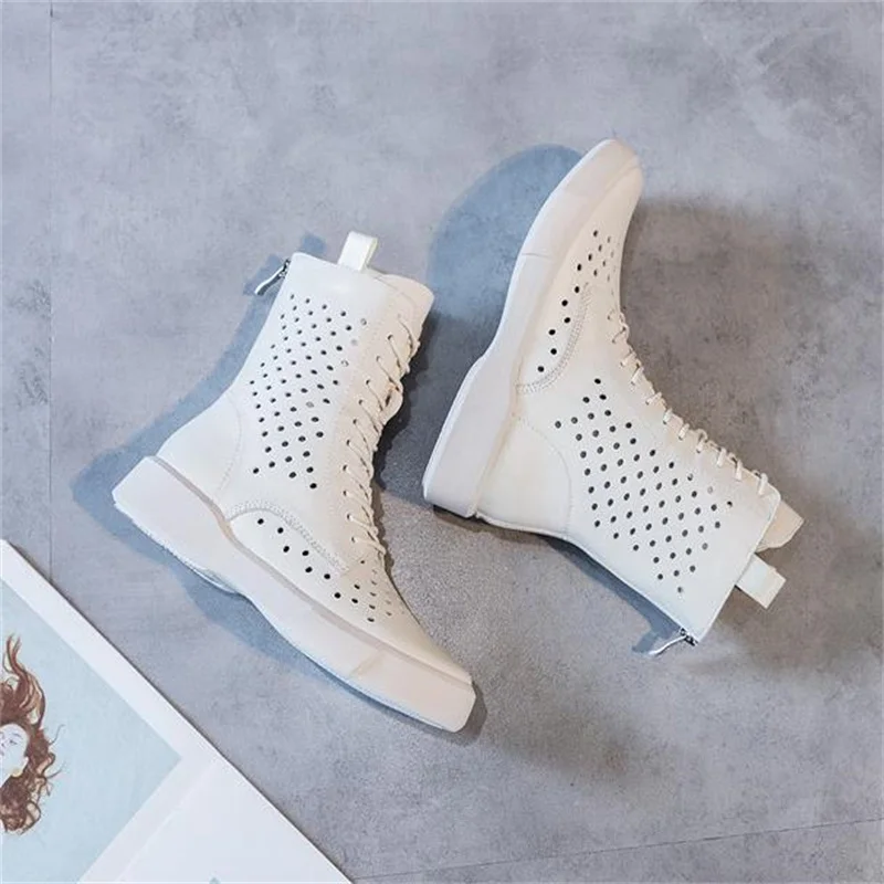 New Spring Summer Hand Sewn Women Hollow Cowhide Boots Flat Shoes Non Slip Lace Up Ankle Boots Casual Sneakers Boot 34 41