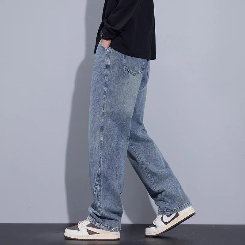 2024 New Korean Fashion Men's Baggy Jeans Classic All-match Solid Color Straight-leg Denim Wide-leg Pants Male Blue