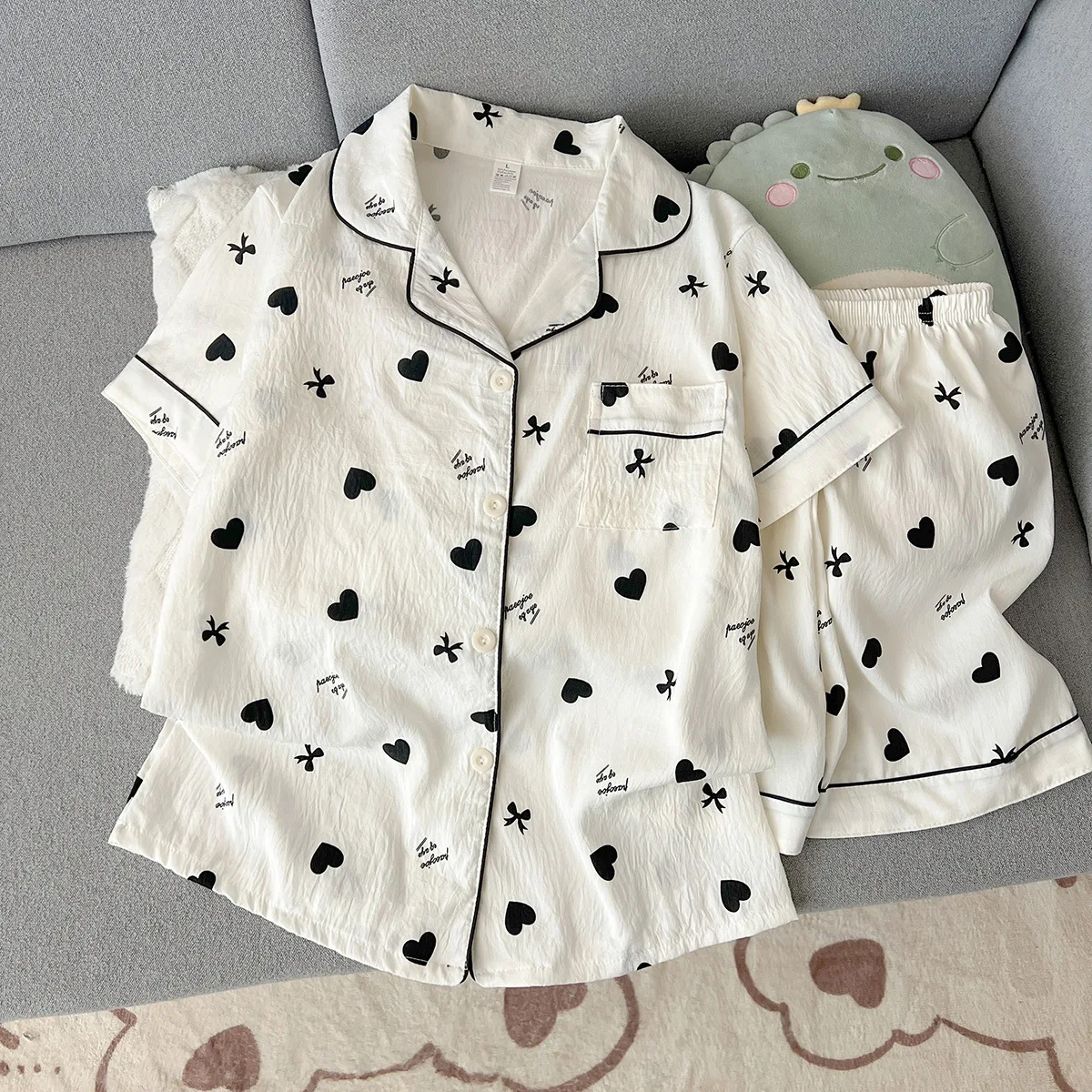 

Женский летний пижамный комплект с коротким рукавом, удобный, с принтом в виде сердечек, домашняя одежда для студенток, пижама для сна, домашняя одежда для девушек