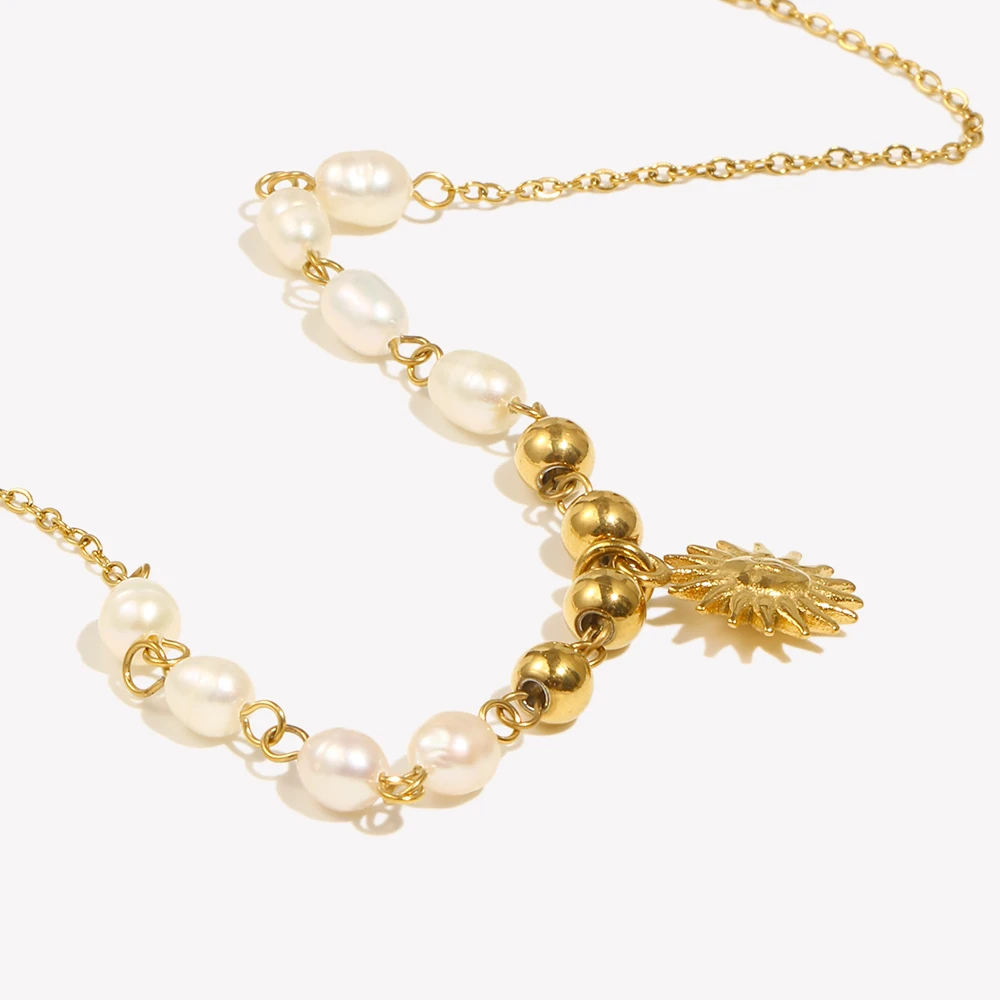E.B.belle Freshwater Pearl Gold Color Beads Chain Stainless Steel Necklace Optimistic Sun Pendant Necklace For Woman Gift