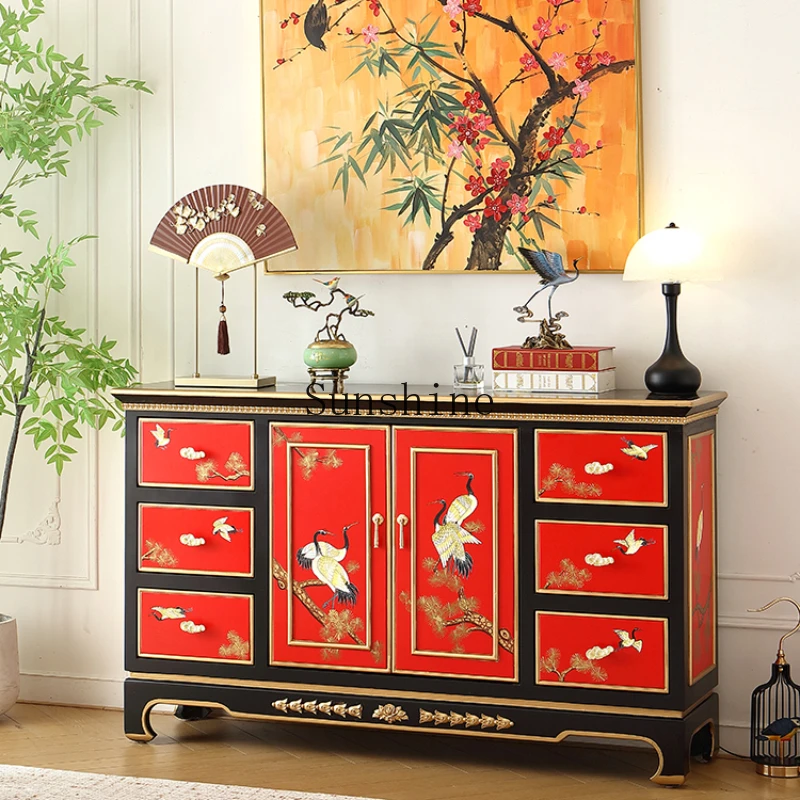 Complex Chinese red painted crane bedroom solid wood living room entrance foyer dining side chest