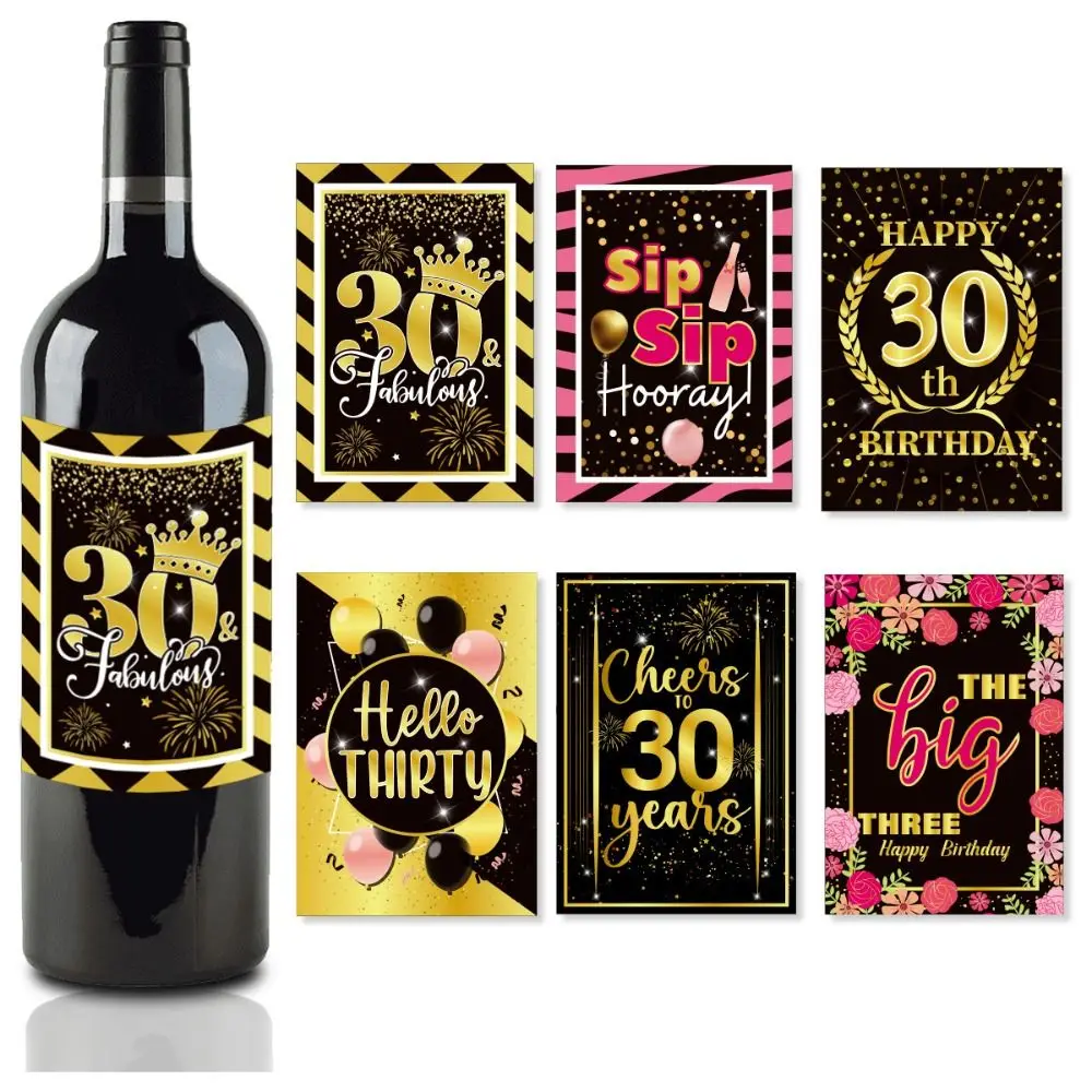 6Pcs Creative Paper Wine Bottle Stickers 30th 40th 50th 60th DIY Birthday Bottle Labels Black Gold Paper Label Birthday