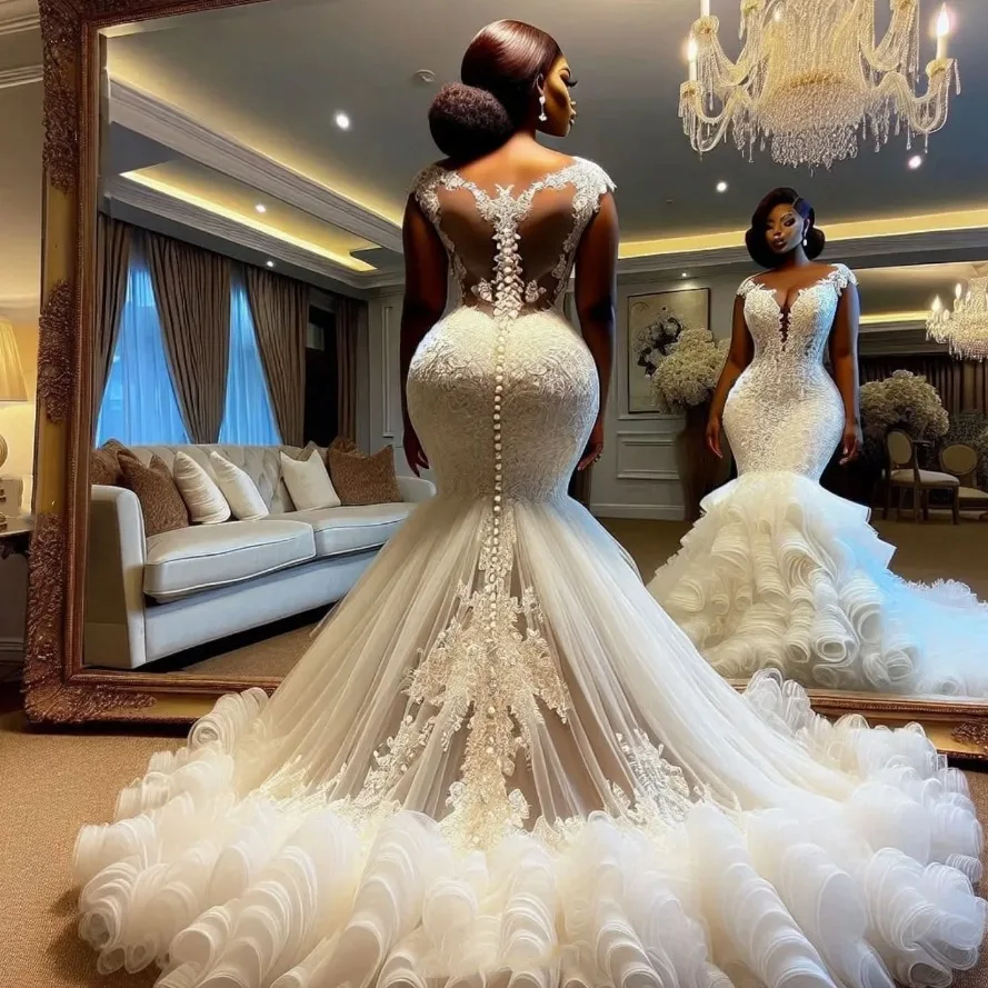 

Luxury Mermaid Wedding Dress African Sheer V-neck Lace Appliques Buttons Back Tulle Princess Bridal Gowns Vestidos De Noiva