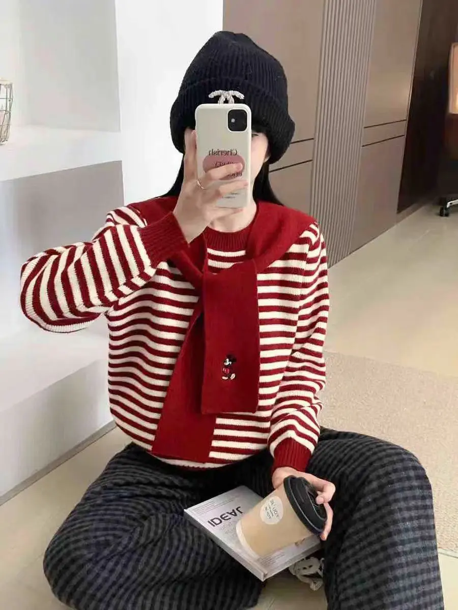 Весна 202, свободный женский полосатый трикотаж, дизайн Sensation для похудения, универсальный корейский зимний теплый длинный све, круглый Ne