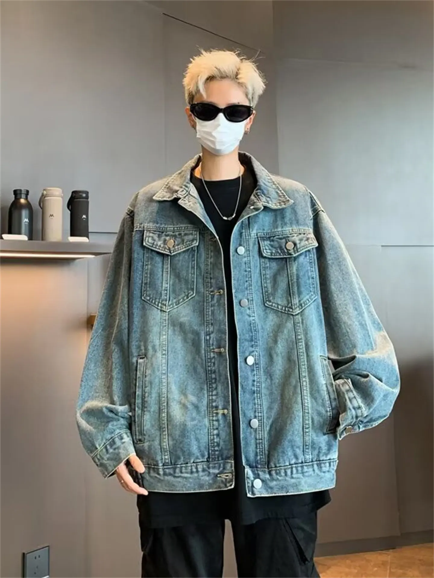 

Fashion Blue Lapel Denim Jacket American Fashion Retro Washed Single-breasted Jackets Casual Loose Male Oversize Coat