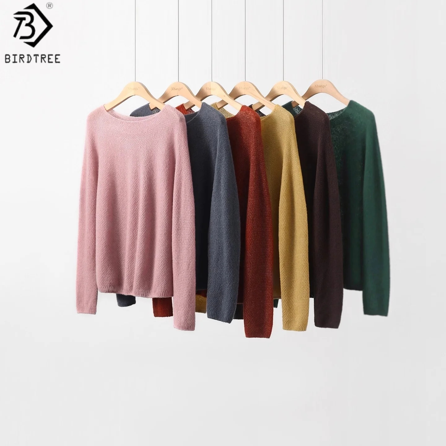 

Birdtree 77% кашемира 23% шелковый вязаный свитер, женский шерстяной шелковый свитер, бесшовный осенний трикотаж с длинными рукавами и круглым вырезом T58926JF