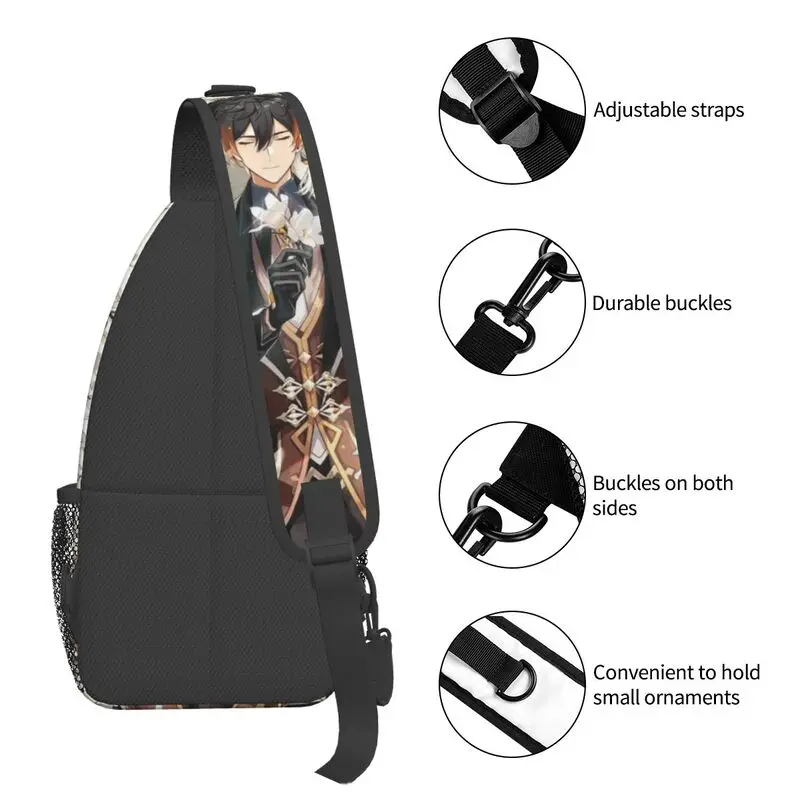 Custom Zhongli Genshin Impact Sling Bag for Men Cool Anime Game Shoulder Chest Crossbody Backpack Travel Hiking Daypack