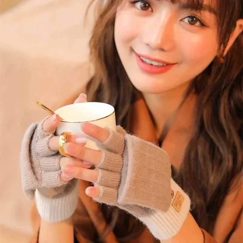 Autumn And Winter Knitted Men And Women Gloves Outdoor Windproof Warmth FingerlessFlip Cover All-match Woolen GlovesLL