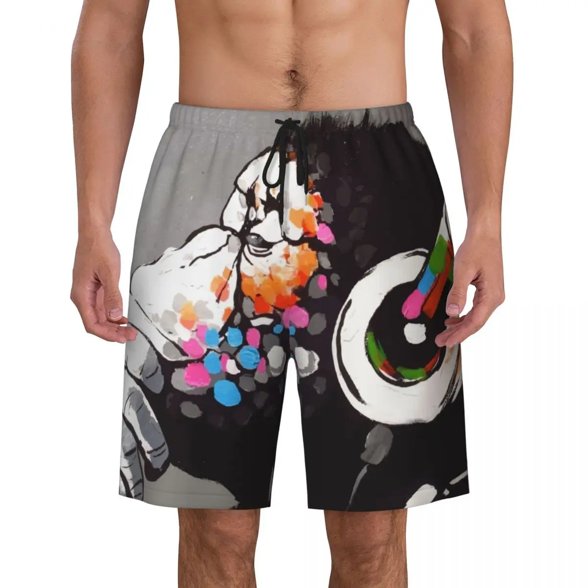 Banksy DJ Monkey Thinker With Headphones Print Swim Trunks Quick Dry Swimwear Beach Board Shorts Street Pop Art Boardshorts